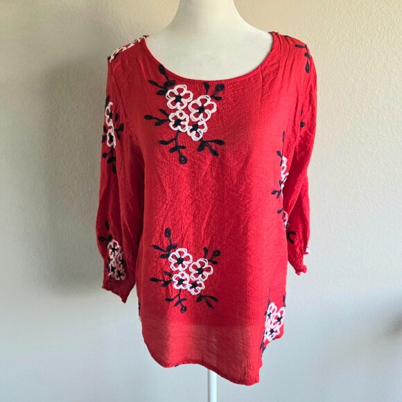 Kindred Women's Blouse Red Embroidered Floral 3/4 Sleeve Boho Peasant Size M - Picture 1 of 7